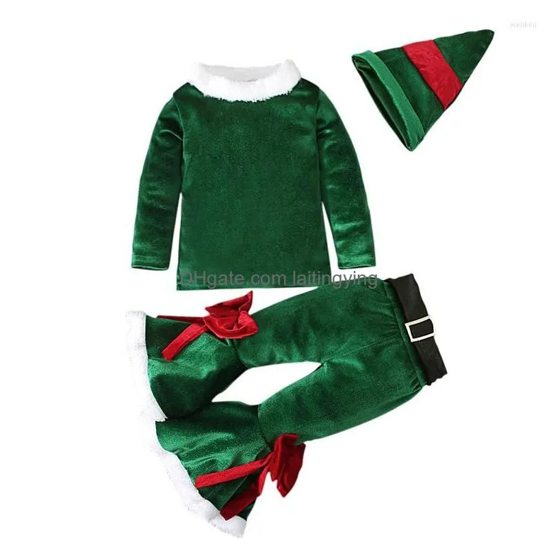 clothing sets girls christmas costume long sleeve bell bottom velvet suit carnival party santa claus kids merry outfit