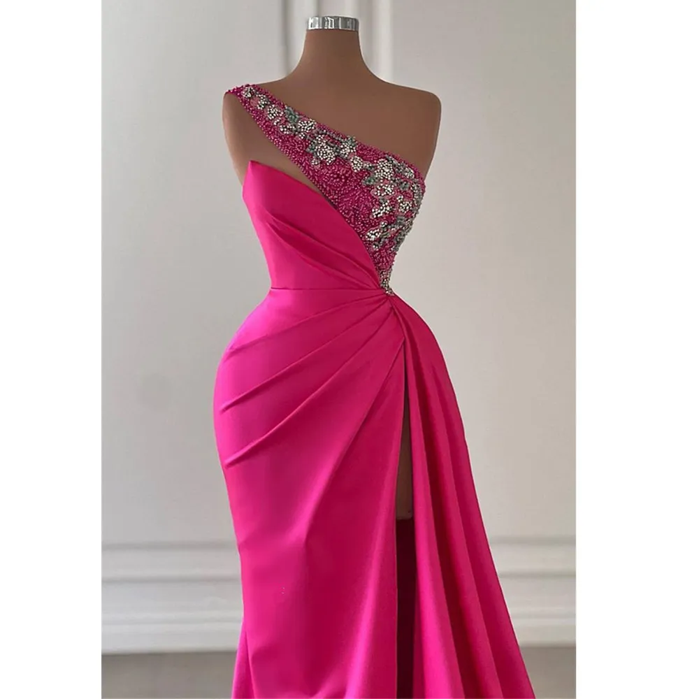 Arabic Aso Ebi Mermaid Hot Pink Prom Dress Beaded Crystals Evening Gowns Feather Birthday Engagement Second Gown Dress Women Formal Wear