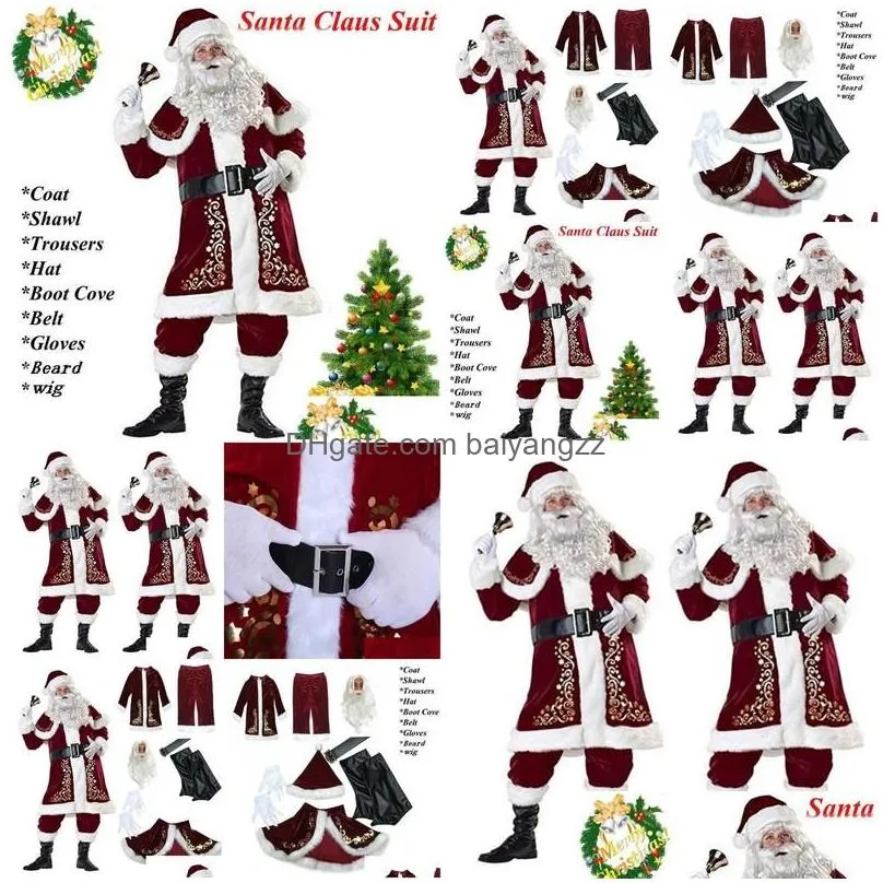 Others Apparel Christmas Decorations 9Pcs Veet Deluxe Santa Claus Father Cosplay Suit Costume Adt Fancy Dress Fl Set Sets Drop Deliv Dhpfb