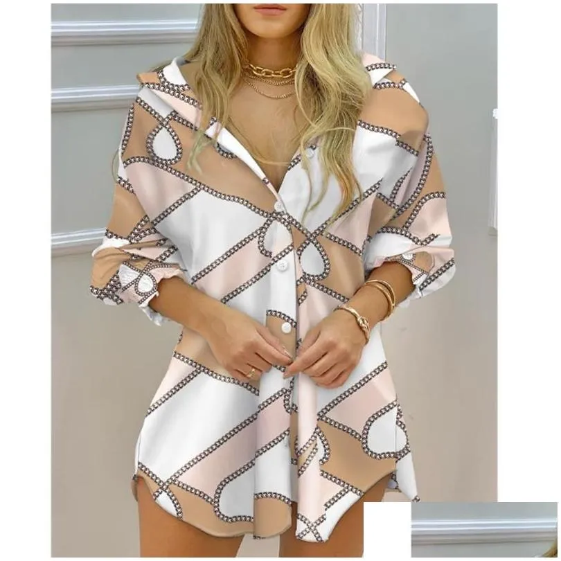 Women Shirt Dress Fashion Striped Print Lady Long Sleeve Blouse Turn Down Collar Ruched Button Front Tops