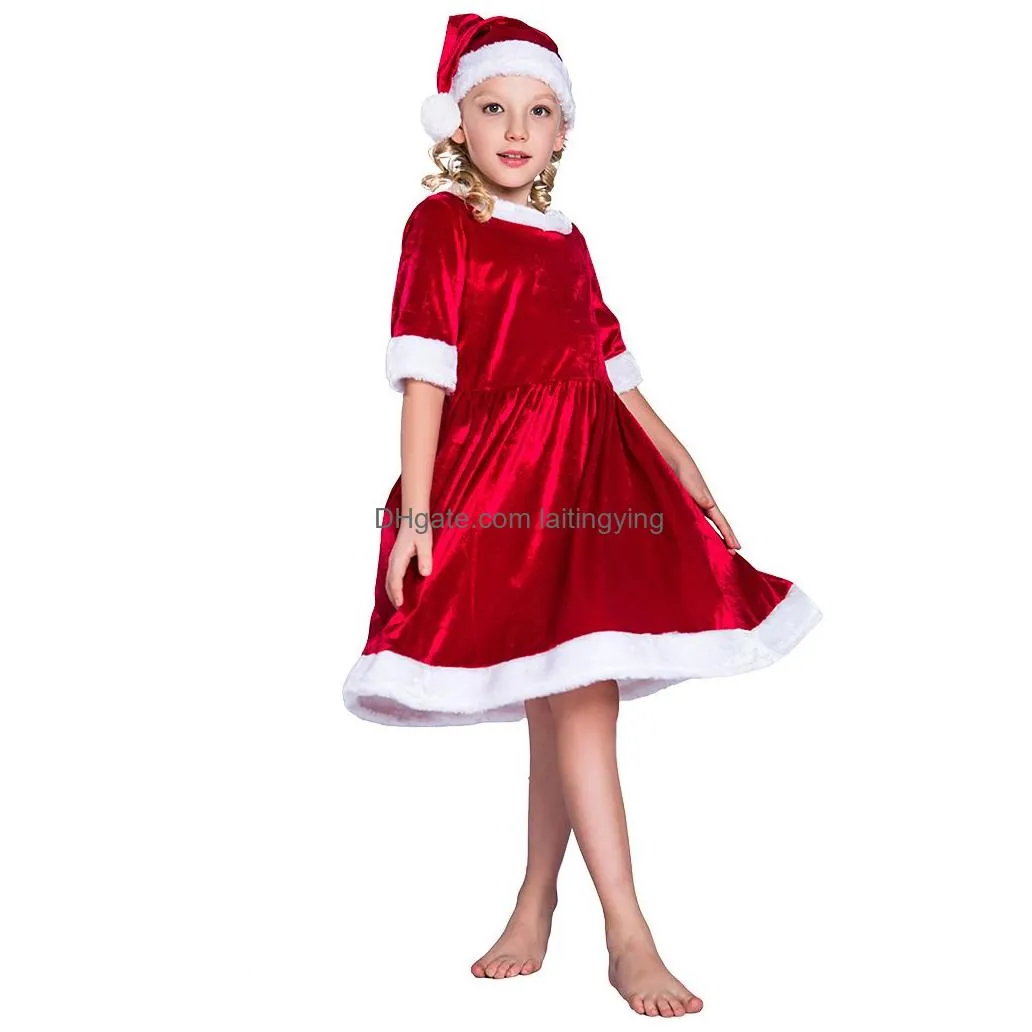 little santa claus half sleeve red swing dress and hat set children christmas costume outfit for girls velvet loose christmas clothing s m