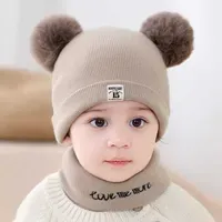 Caps Hats 2Pcs Baby Hat Scarf Set Winter Boy Girl Cute Furry Ball Pompom Cap Newborn Autumn Solid Warm Beanie Elastic Suit L221028