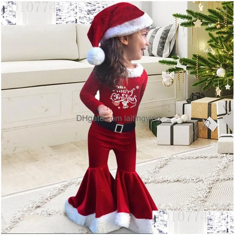 clothing sets girls christmas costume long sleeve bell bottom velvet suit carnival party santa claus kids merry outfit