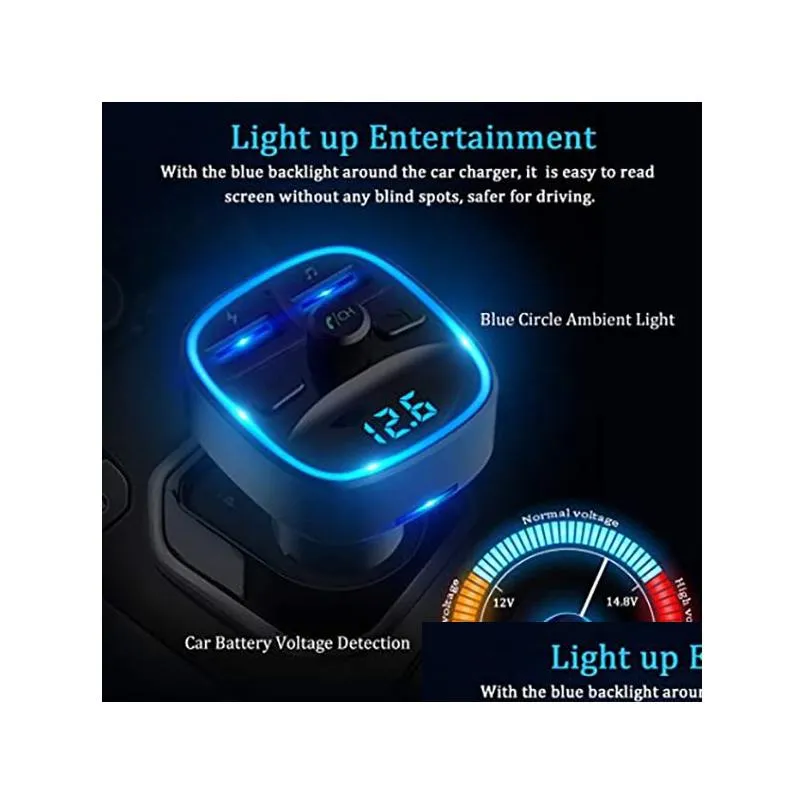 Bluetooth 5.0 Car Adapter Kit FM Transmitter Wireless Radio Music Player Cars Kits Blue Circle Ambient Light Dual USB Ports  Hands Free