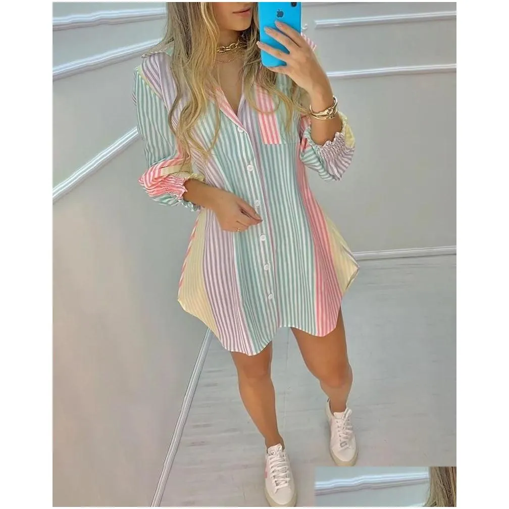 Women Shirt Dress Fashion Striped Print Lady Long Sleeve Blouse Turn Down Collar Ruched Button Front Tops