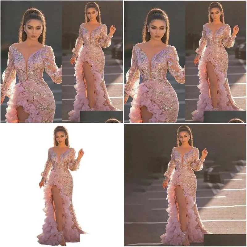 Evening Party Women Elegant Sexy V Neck Split Side Ruffles Pink Dress Night Club Prom Wedding Long Maxi Plus Size