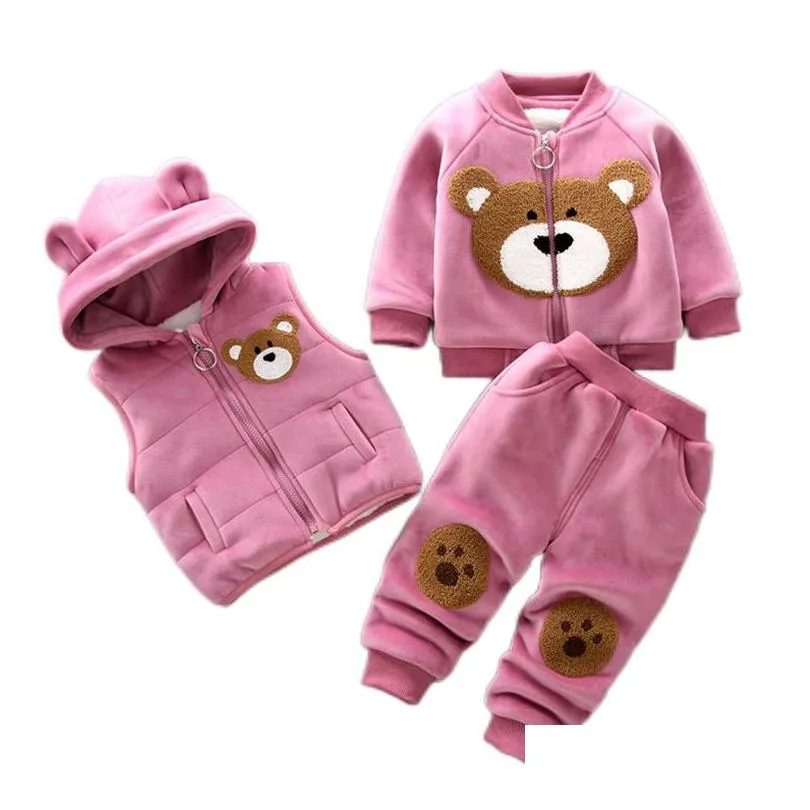 Clothing Sets Autumn Winter Baby Boys Clothes Thick Fleece Cartoon Bear Jacket Vest Pants 3Pcs Cotton Sport Suit For Girls Warm Outfits