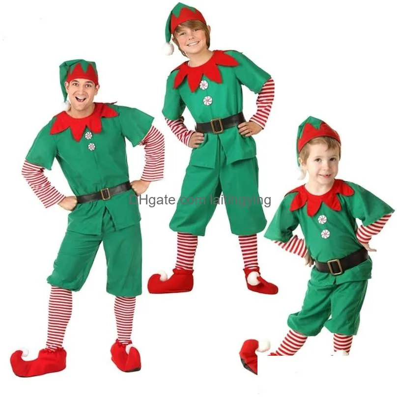 special occasions christmas elf costume party family role playing outfit green santa claus performance clothing fancy dress kids adult