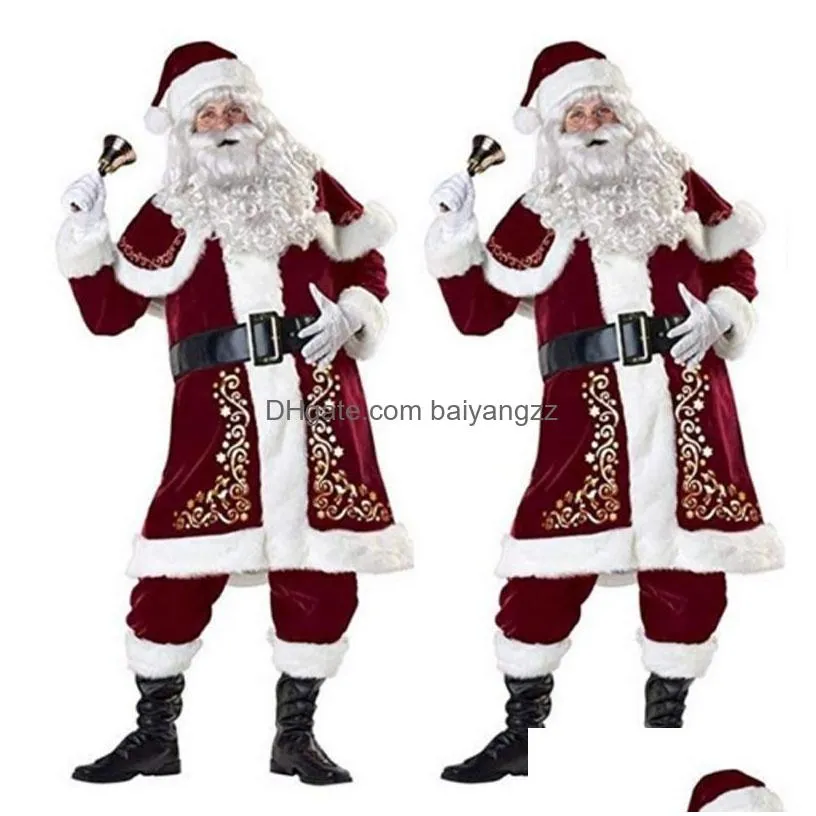 Others Apparel Christmas Decorations 9Pcs Veet Deluxe Santa Claus Father Cosplay Suit Costume Adt Fancy Dress Fl Set Sets Drop Deliv Dhpfb