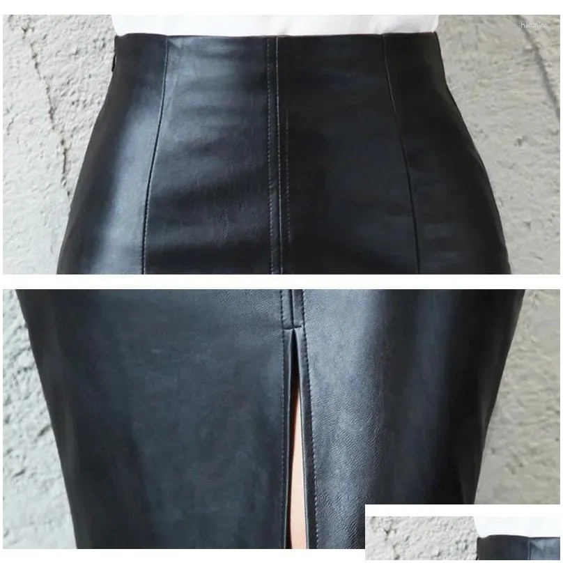 Skirts Midi Sexy High Waist Bodycon Split Skirt Black PU Leather Women Office Pencil Knee Length Plus Size Mini