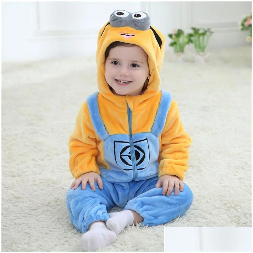 New Animal Baby Romper Yellow Minions Bebe Infant Clothing Baby Boy Girl Clothes Cartoon Flannel Hooded Jumpsuit Costume 201030