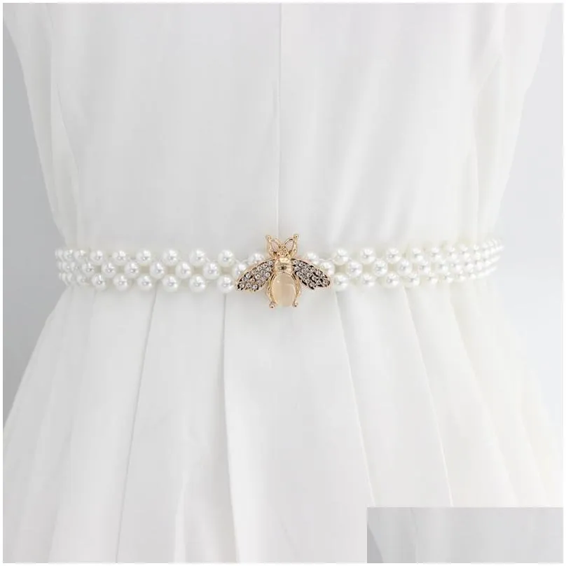 Elegant Women Pearl Waist Belt Elastic Buckle Pearl Chain Belts Female Girls Dress Crystal Strap chains