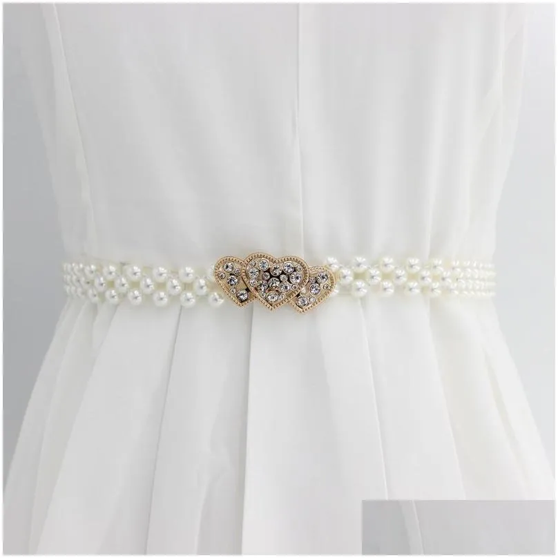 Elegant Women Pearl Waist Belt Elastic Buckle Pearl Chain Belts Female Girls Dress Crystal Strap chains