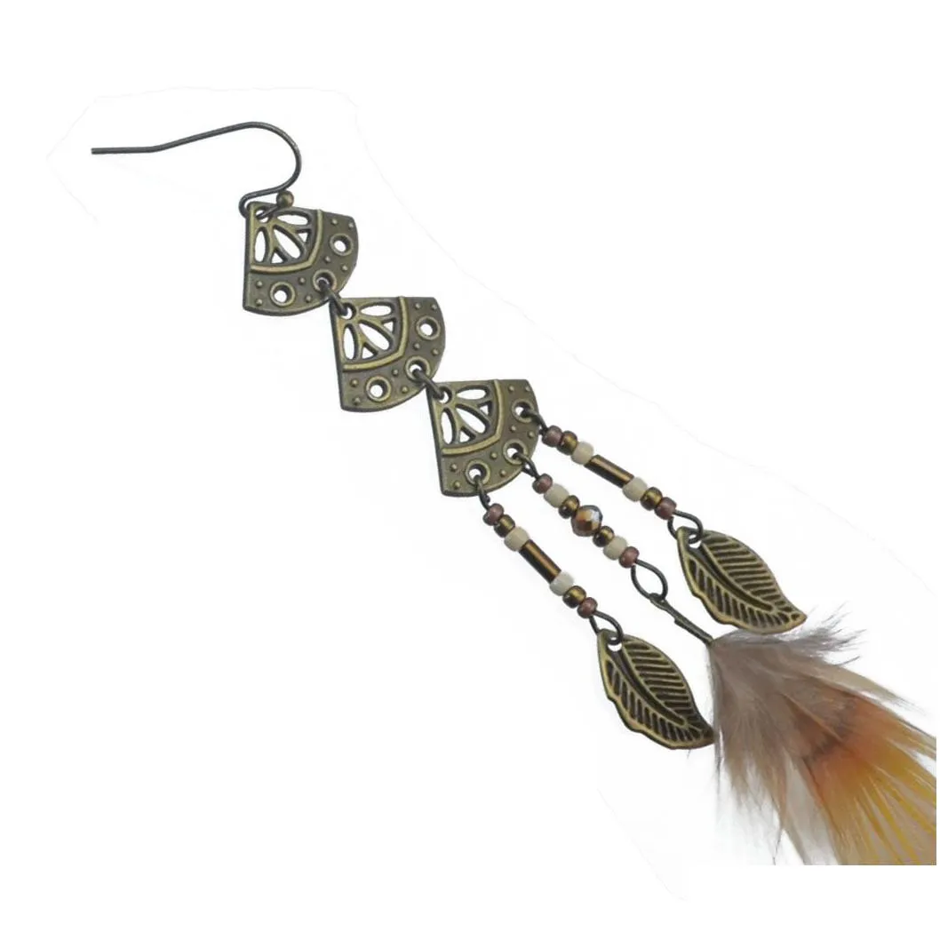 3 Styles Women Bronze Alloy Brown Feather Drop Leaves Skull Leaf Beads Long Dangle Earrings Bohemian Jewelry