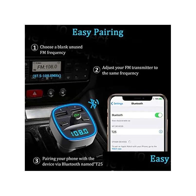 Bluetooth 5.0 Car Adapter Kit FM Transmitter Wireless Radio Music Player Cars Kits Blue Circle Ambient Light Dual USB Ports  Hands Free