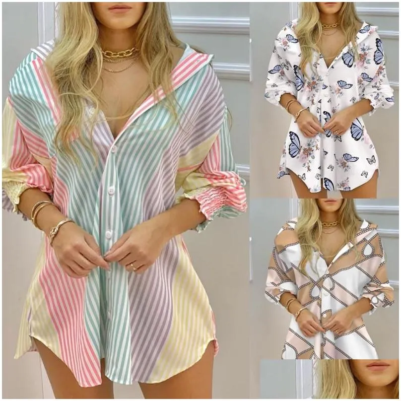 Women Shirt Dress Fashion Striped Print Lady Long Sleeve Blouse Turn Down Collar Ruched Button Front Tops