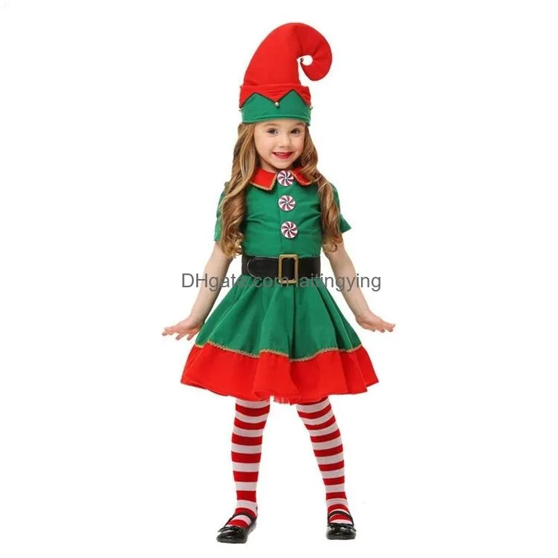 special occasions christmas elf costume party family role playing outfit green santa claus performance clothing fancy dress kids adult