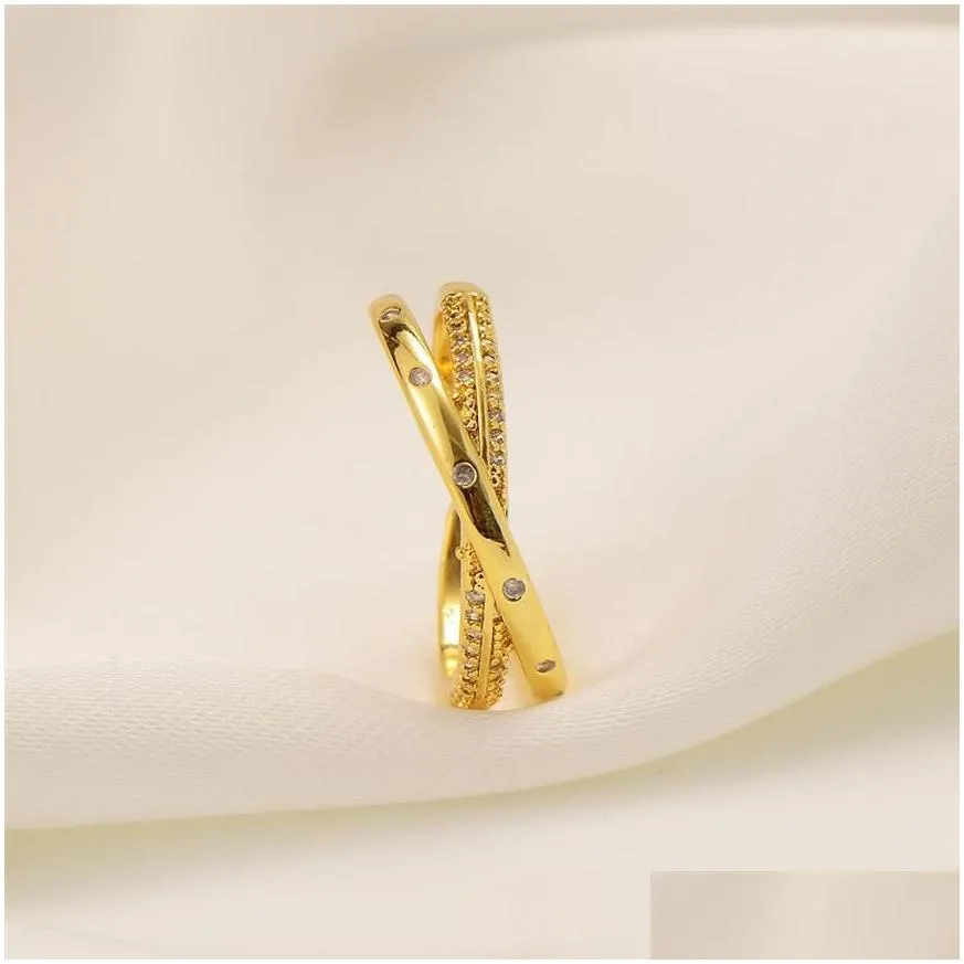 Criss-Cross CW CZ Crystal Right-Hand X- Ring w 24k Yellow Fine Solid Gold GF Minimalist Geometric Circle289V