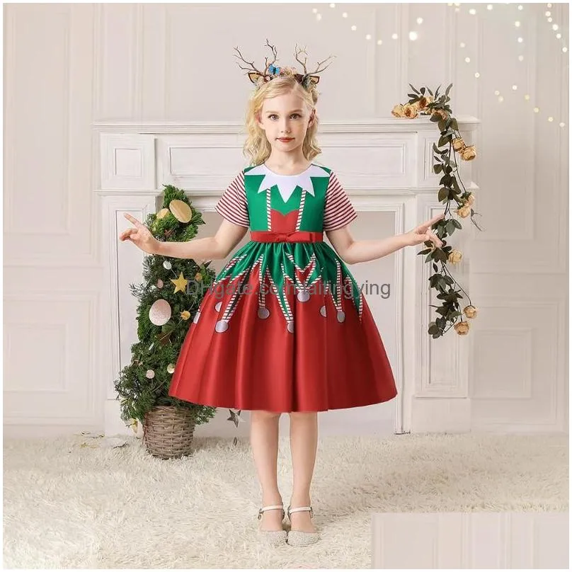 girls dresses christmas kids dress printing satin short santa claus cosplay princess costume children clothes 9 colors