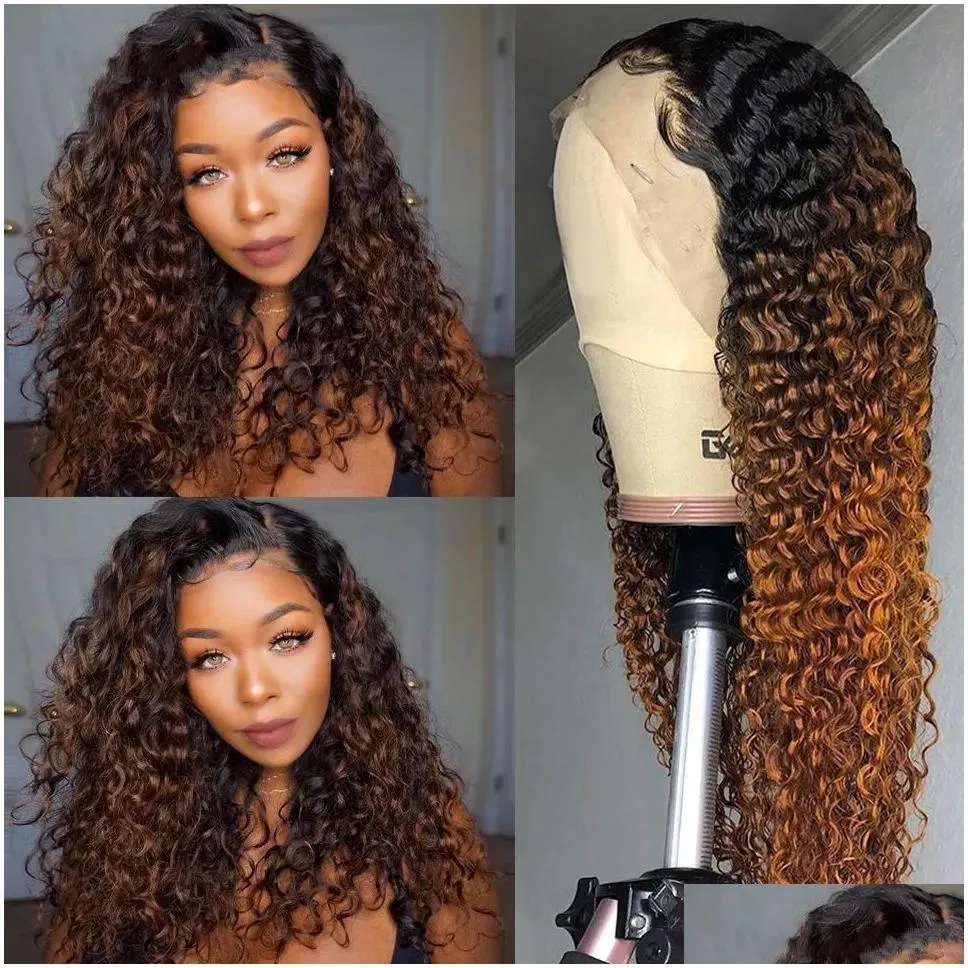 New Long Loose Deep Wave Human Hair Wigs for Black Women Ombre Brown /Blonde/Blue Colored Kinky Curly Synthetic Lace Front Wig Cosplay