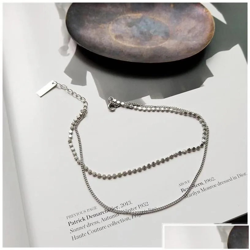Silver New Summer Style 925 Sterling Sier Double Layer Chain Anklets Bracelet Fashion Romantic Flat Beads Sandal Anklet Foot Jewelry