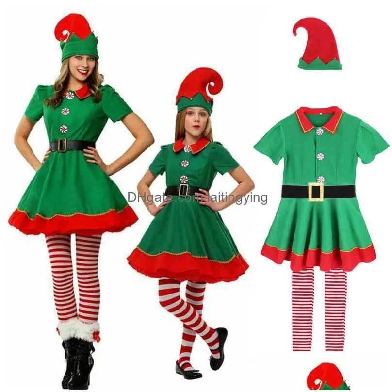 special occasions christmas elf costume party family role playing outfit green santa claus performance clothing fancy dress kids adult