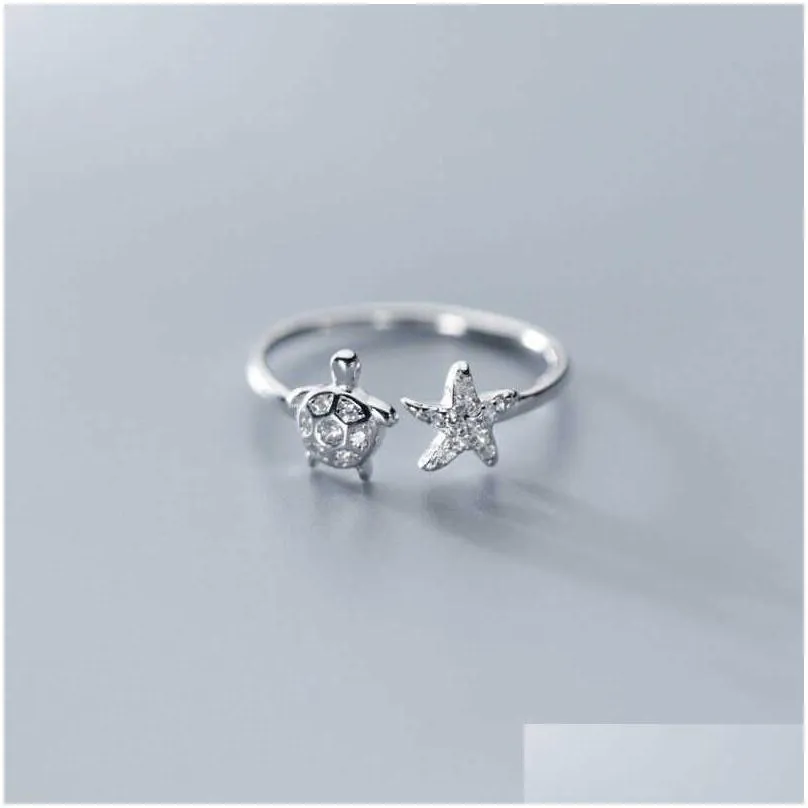 Rings VENTFILLE 925 Sterling Silver Korean Version of The Cute Turtle Starfish Womensmall  and Simple Zircon Ring Z0223