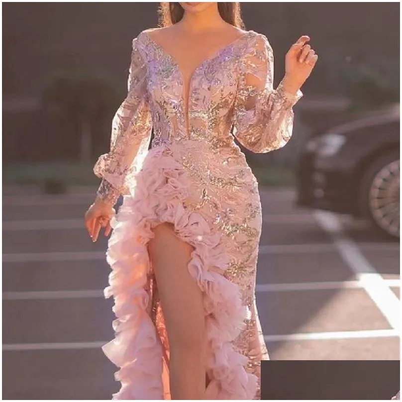 Evening Party Women Elegant Sexy V Neck Split Side Ruffles Pink Dress Night Club Prom Wedding Long Maxi Plus Size