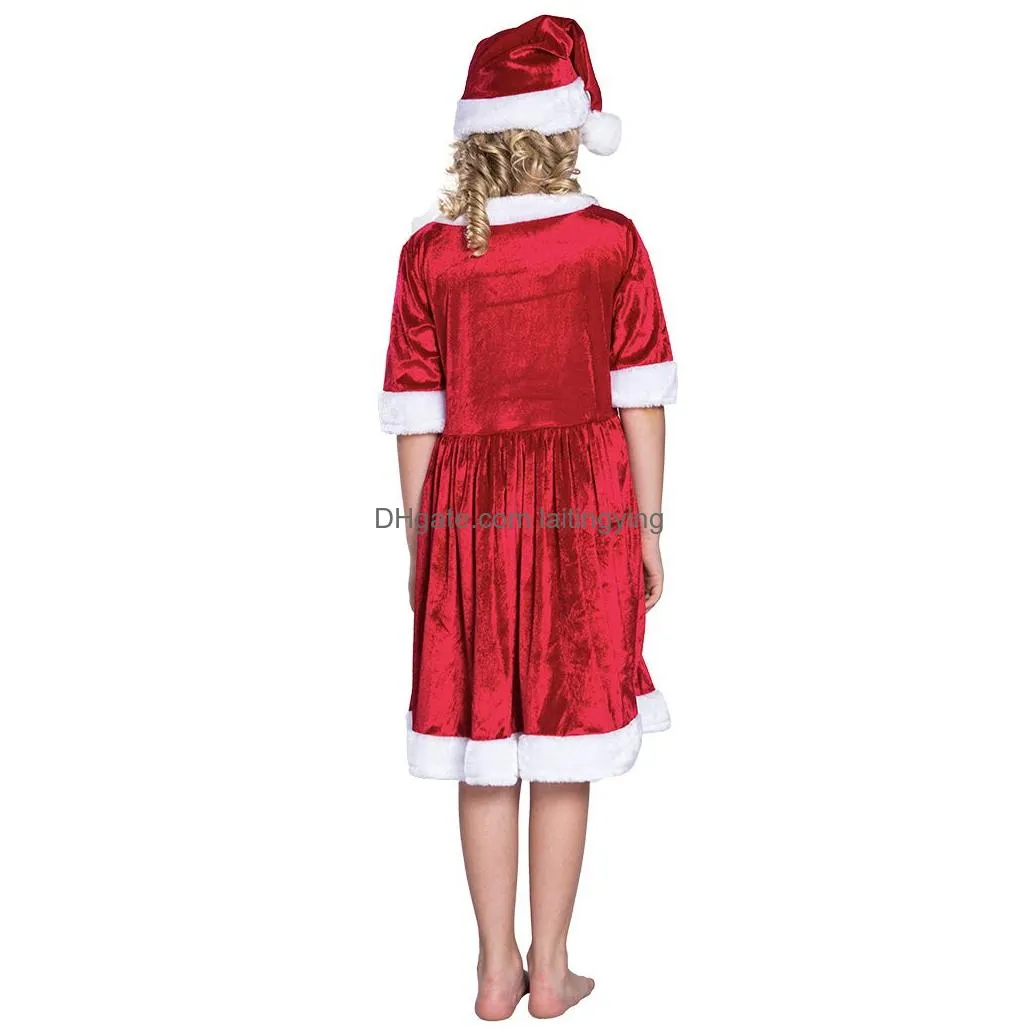 little santa claus half sleeve red swing dress and hat set children christmas costume outfit for girls velvet loose christmas clothing s m