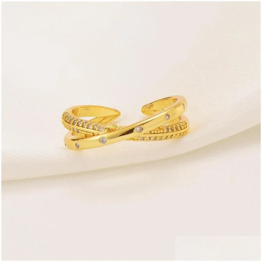 Criss-Cross CW CZ Crystal Right-Hand X- Ring w 24k Yellow Fine Solid Gold GF Minimalist Geometric Circle289V