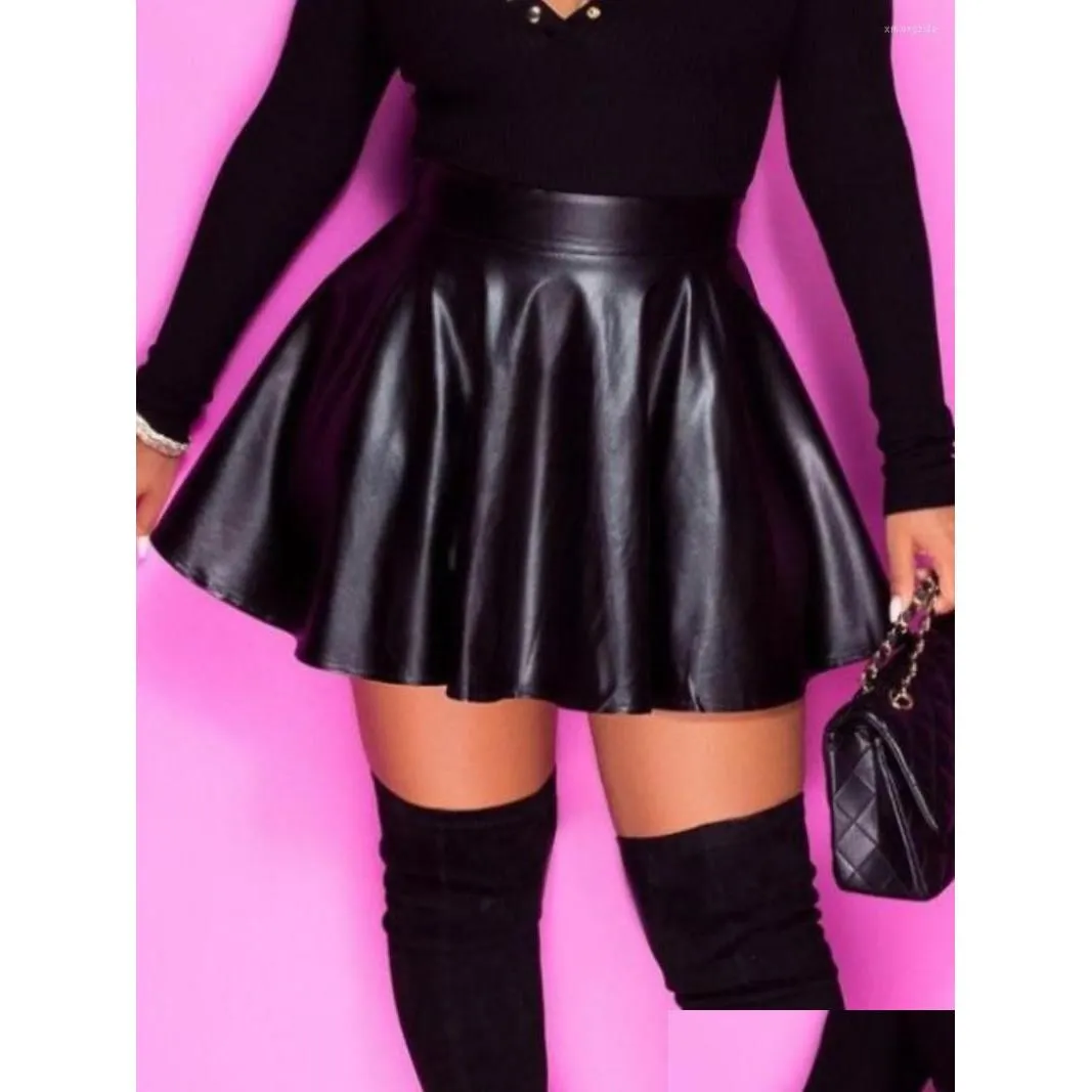 skirts lw basic mid waist flare super short skirt sexy solid color pu leather swing women miniskirts zipper daily loose dress