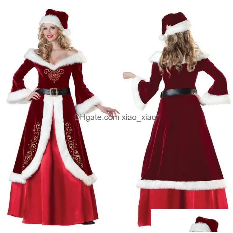 Christmas Decorations Veet Men/Women Santa Claus Costume Suit Couple Party For Xmas Wholesale Drop Delivery Home Garden Festive Suppl Dhvht