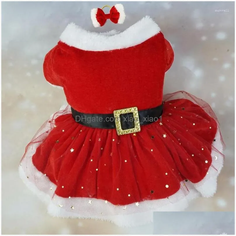 Dog Apparel Pet Christmas Outfit Shiny Netting Santa Claus Costume Cute Girl Clothing Red Dresses Cat Holiday Drop Delivery Home Gar Dhuof