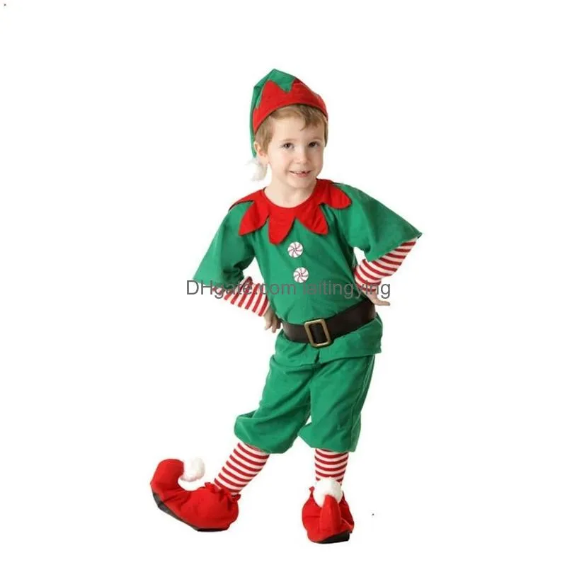special occasions christmas elf costume party family role playing outfit green santa claus performance clothing fancy dress kids adult