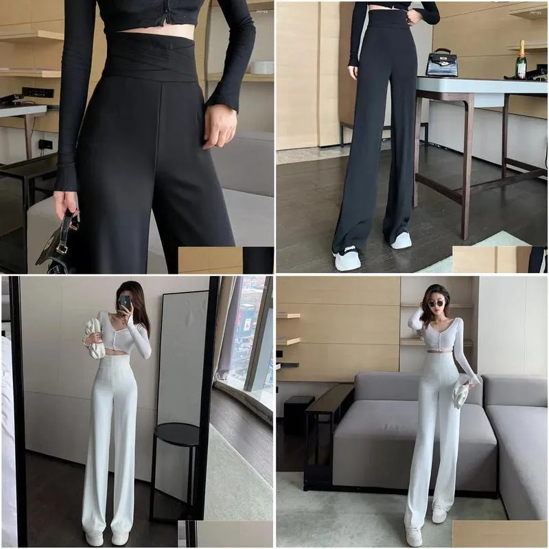 Women`s Pants Casual Design Super High Waist Wide Leg 2023 Xia Bai Tie Straight Loose Slim Suit