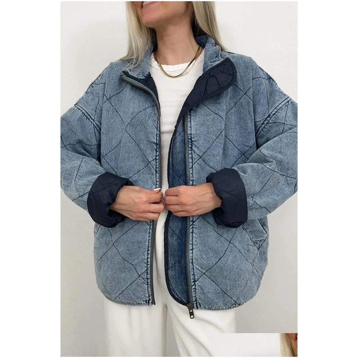 Women`s Trench Coats Women Autumn Long Sleeve Zipper Denim Quilted Fashion Casual 2023 Winter Cotton Padding Jackets Female Pockets