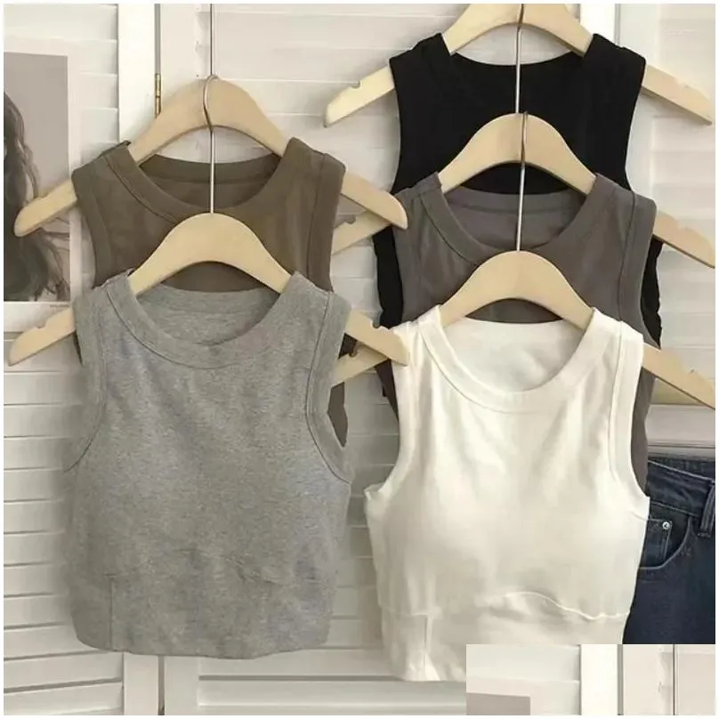 Camisoles & Tanks Slim Color Neck Tops Vest Camisole Female Chest Sleeveless Solid Bra Bottoming Sexy With Pad Summer Top Women