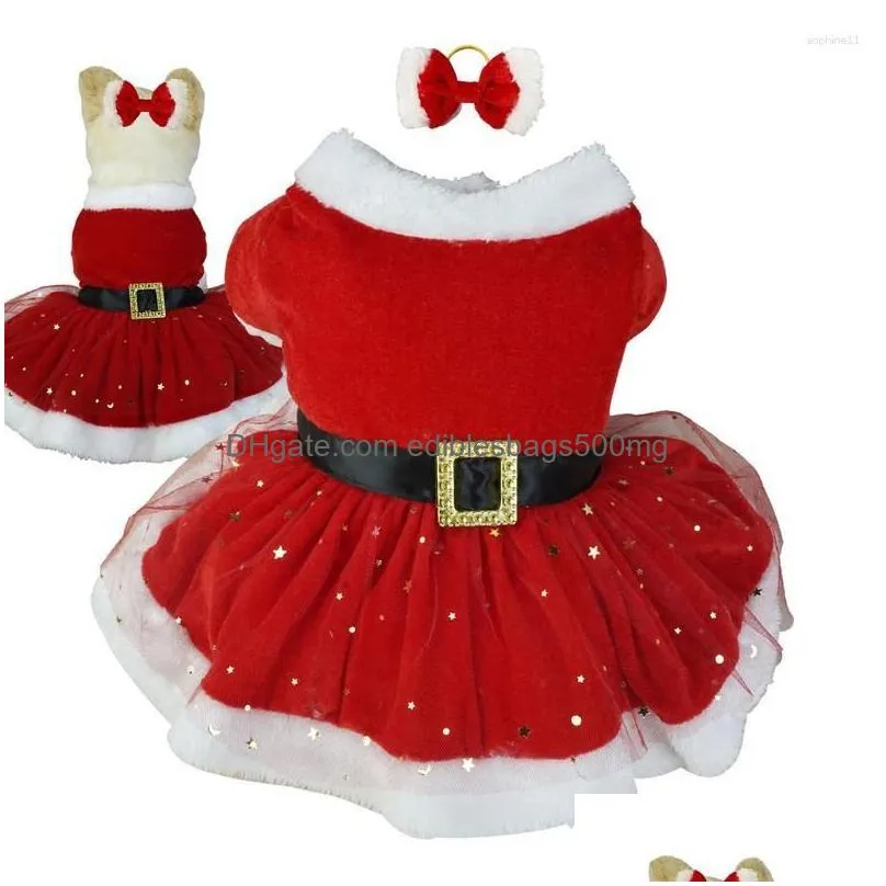 dog apparel pet christmas outfit shiny netting santa claus costume cute girl clothing red dresses cat holiday