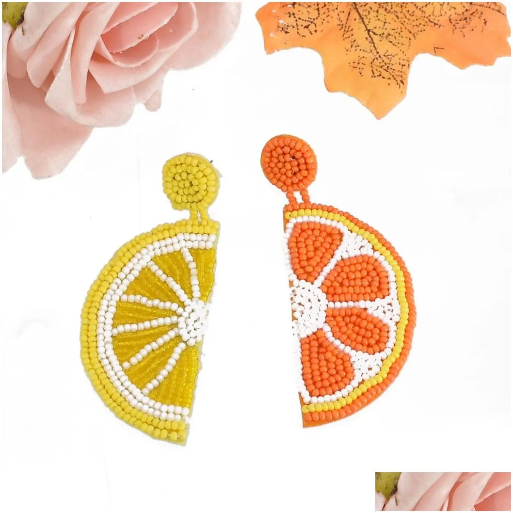 Creative Fruit Style Lemon Orange-shaped with Beaded Dangle Earrings Summer Cool Beach Handmade Woven Statement Earrings for Women