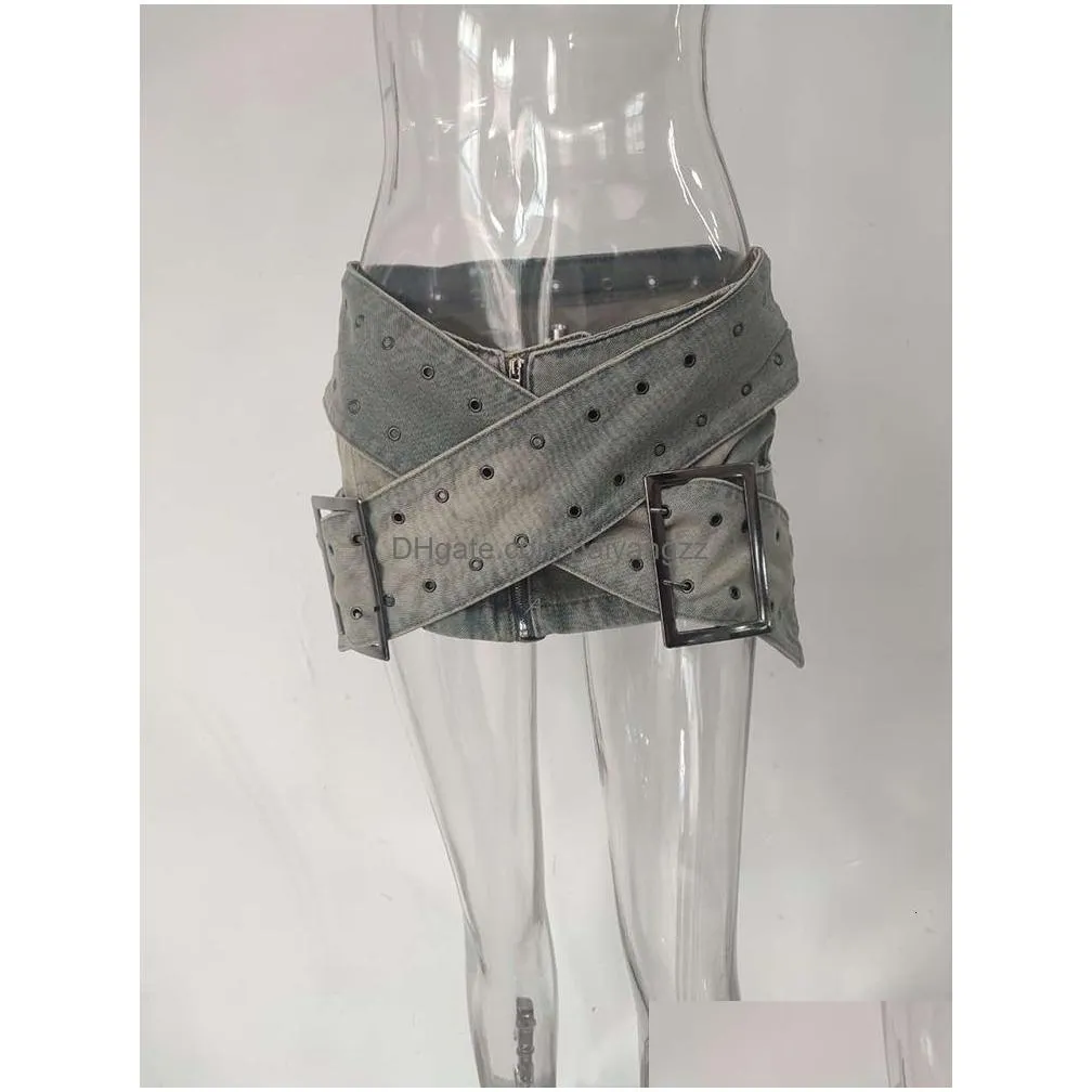 skirts lgrq fashion asymmetric y2k belt design women short skirt street wear 2023 summer trendy girl sexy mini denim 19136 230828