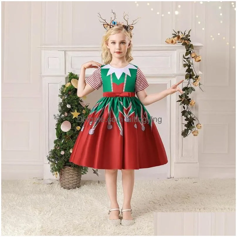 girls dresses christmas kids dress printing satin short santa claus cosplay princess costume children clothes 9 colors
