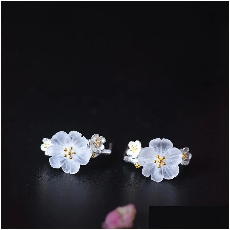 925 Sterling Silver Plum Stud Earrings Female Ethnic Handmade Blooming Flower Wedding Earring For Women Mother Gifts