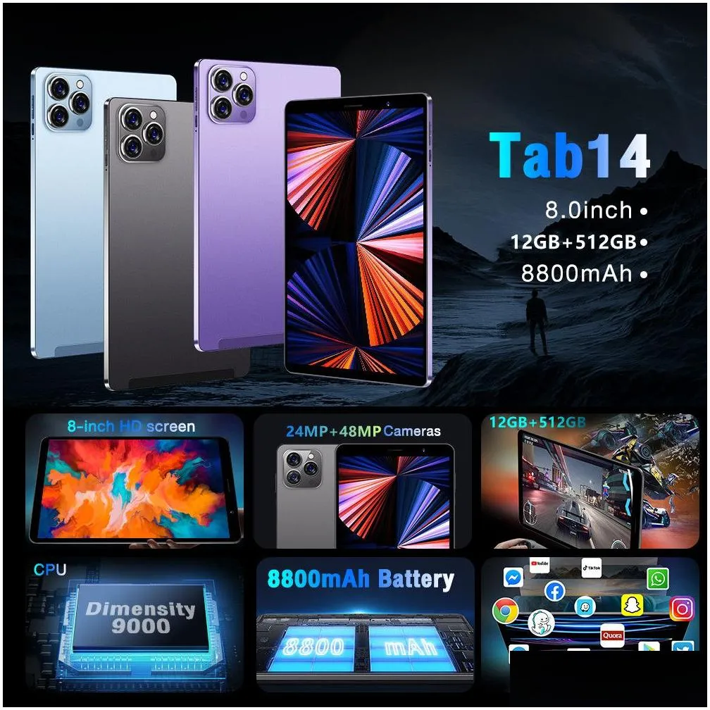 Gobal Version New TAB14 Tablet Pc 8 Inch Android 12 Bluetooth 12GB 512GB Deca Core Google Play WPS 5G/4G WIFI Hot Sales Laptop