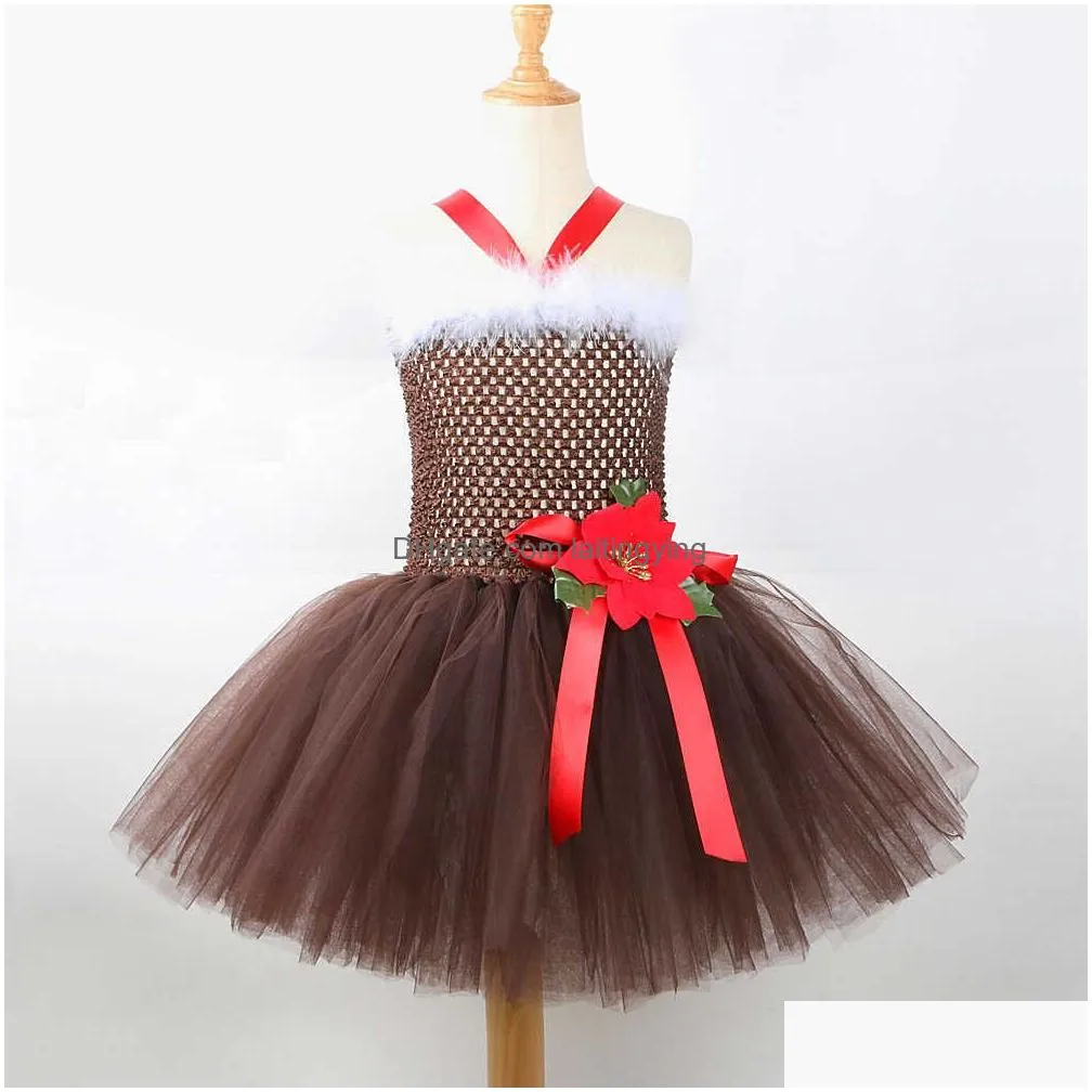 special occasions christmas deer tutu dress for girls reindeer costumes for kids girl santa claus tutu dresses with deer-horn flower xmas outfit