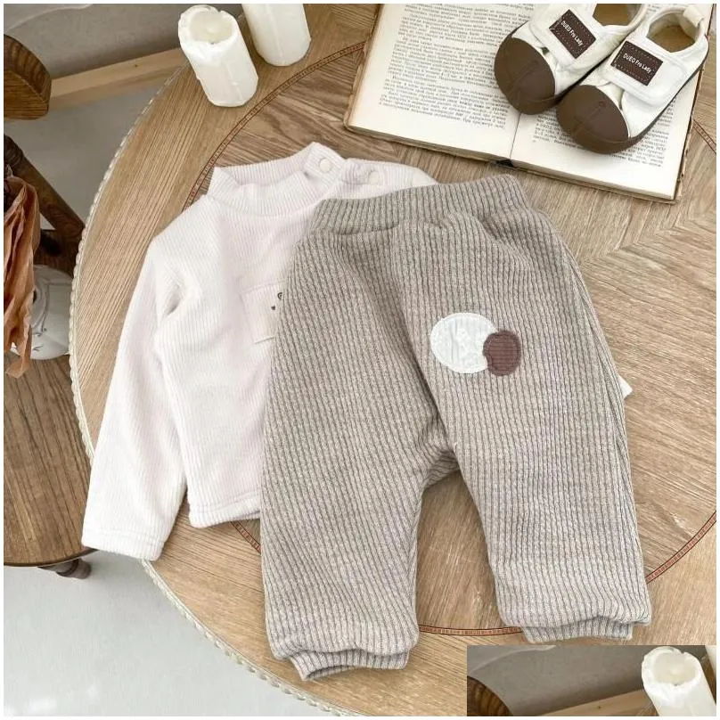 Trousers Autumn Winter Children Plus Velvet Thicken Patch Casual Pants Boy Baby Ribbed Retro Cotton Girl Infant Fleece Warm Trouser