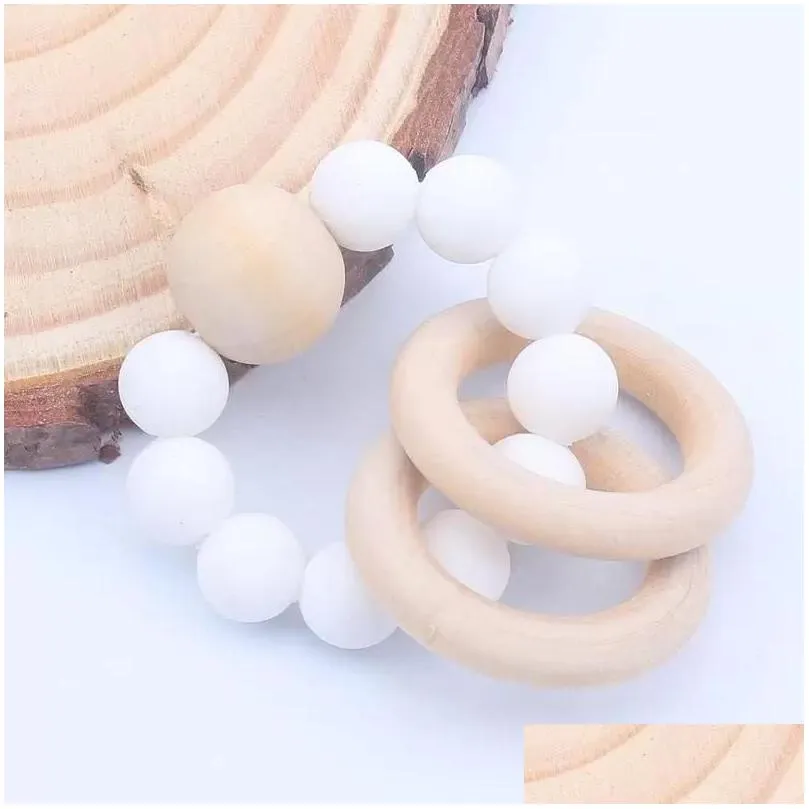 Baby Teether Rings set Food Grade Beech Wood Teething Ring Soothers Chew Toys Shower Play Round Wooden Bead Silicone teethers sxmy21