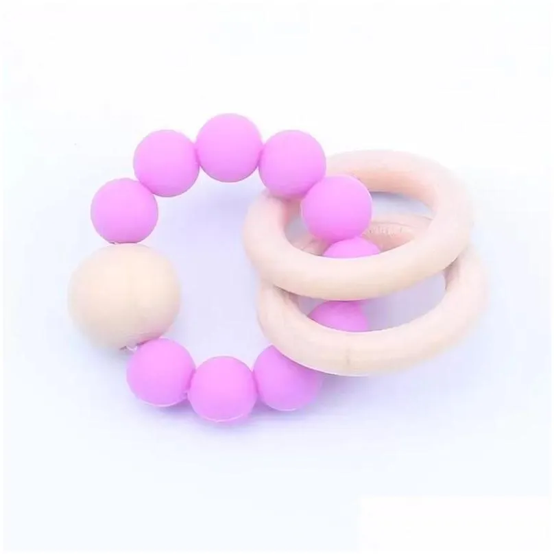 Baby Teether Rings set Food Grade Beech Wood Teething Ring Soothers Chew Toys Shower Play Round Wooden Bead Silicone teethers sxmy21