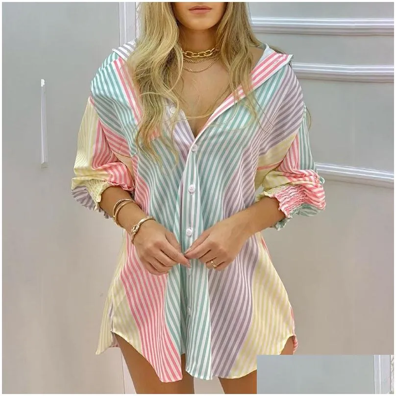 Women Shirt Dress Fashion Striped Print Lady Long Sleeve Blouse Turn Down Collar Ruched Button Front Tops