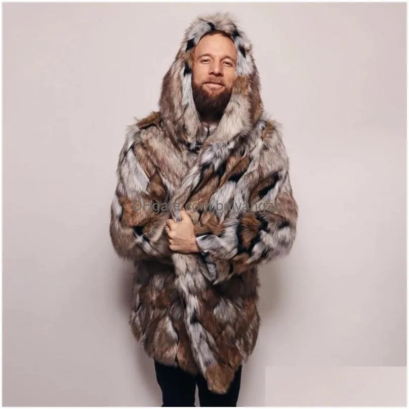 mens fur faux winter men coat 2022 jacket fashion mens warm leopard thick hooded outwear overcoat