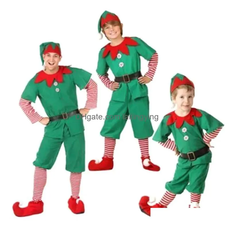 special occasions christmas elf costume party family role playing outfit green santa claus performance clothing fancy dress kids adult